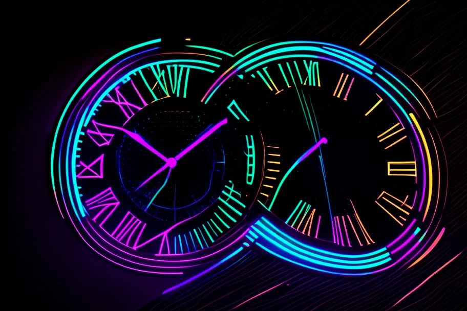 black background, outlines of a holographic clock drawn from thin neon-coloured glowing lines