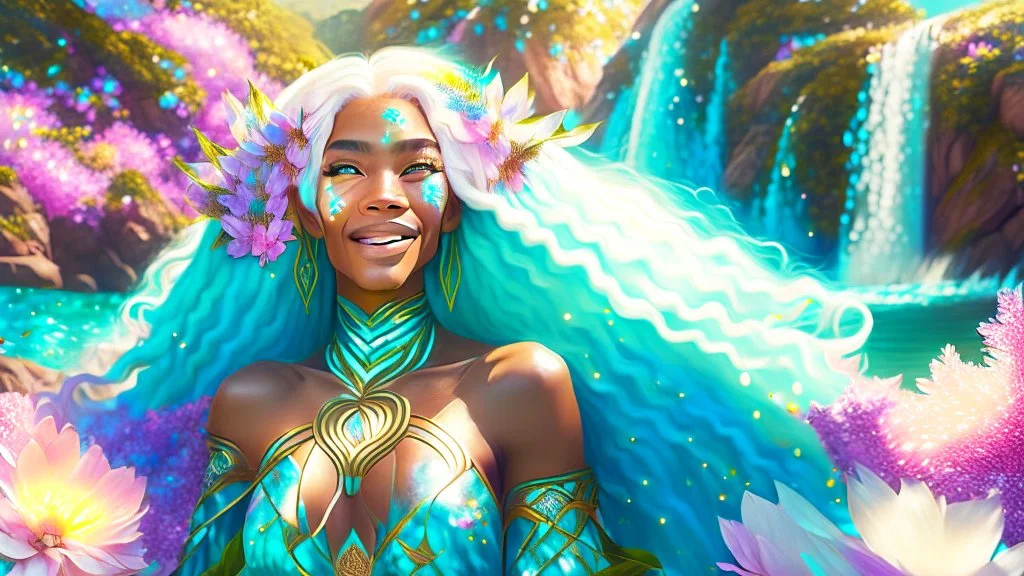 Photo realistic portrait of a gorgeous smiling skinny polynesian goddess with a golden dark shining skin, long smooth clear turquoise blue and pink white hair, blue eyes, in a sci-fi outfit with luminous strikes blowing a kiss in a hill of flowers with sakura trees, a waterfall, a crystal palace, loads of mini flowers, moss, sun rays through the branches, particles in the air at spring