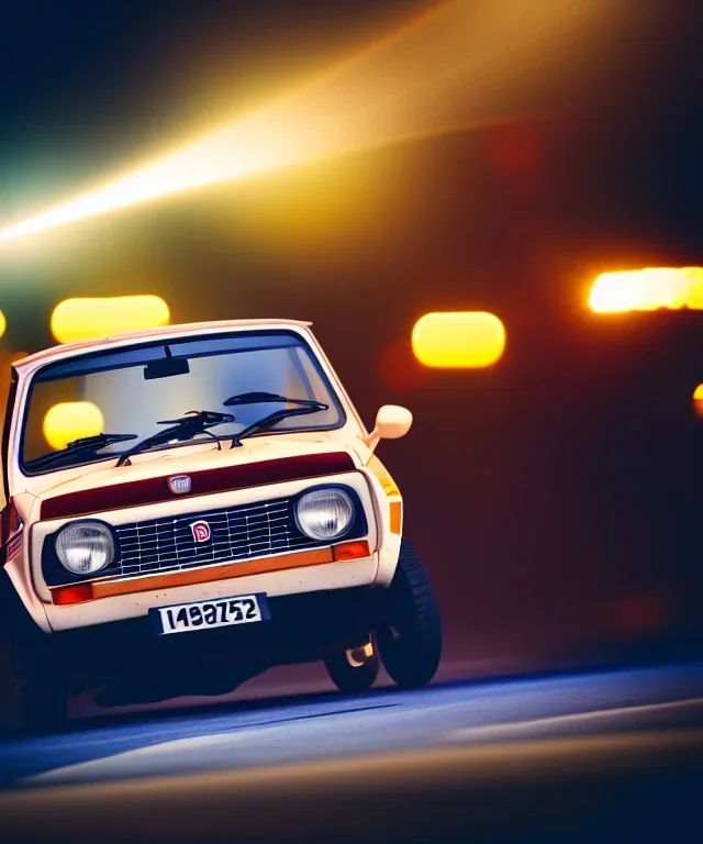 fiat 126p, city. high speed. bokeh. lens flare. warm lights. high detailed