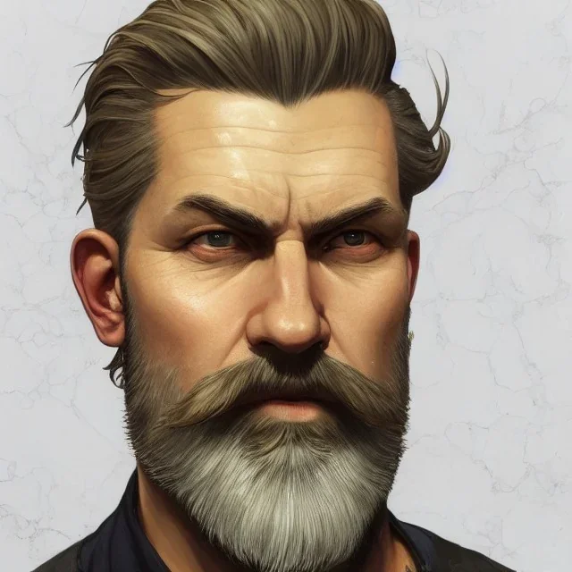 "MIddle aged white human male, with a trimmed but uneven beard, piercing green eyes with slick back hair head and shoulders portrait, 8k resolution concept art portrait by Greg Rutkowski, Artgerm, WLOP, Alphonse Mucha dynamic lighting hyperdetailed intricately detailed Splash art trending on Artstation triadic colors Unreal Engine 5 volumetric lighting Splash art fantasy"