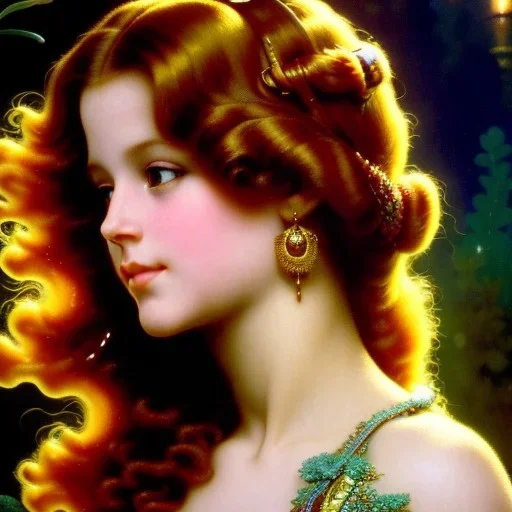 Hyperdetailed oil on canvas, young robyn lively by an ornate fountain, goldfish pond, lotus, detailed face, long muti-hued red curly hair; by gaspar camps, maxfield parrish, alphonse mucha, cyril rolando, dan mumford; luminous colorful sparkles, glitter, airbrush, octane render, volumetric lighting, 16k