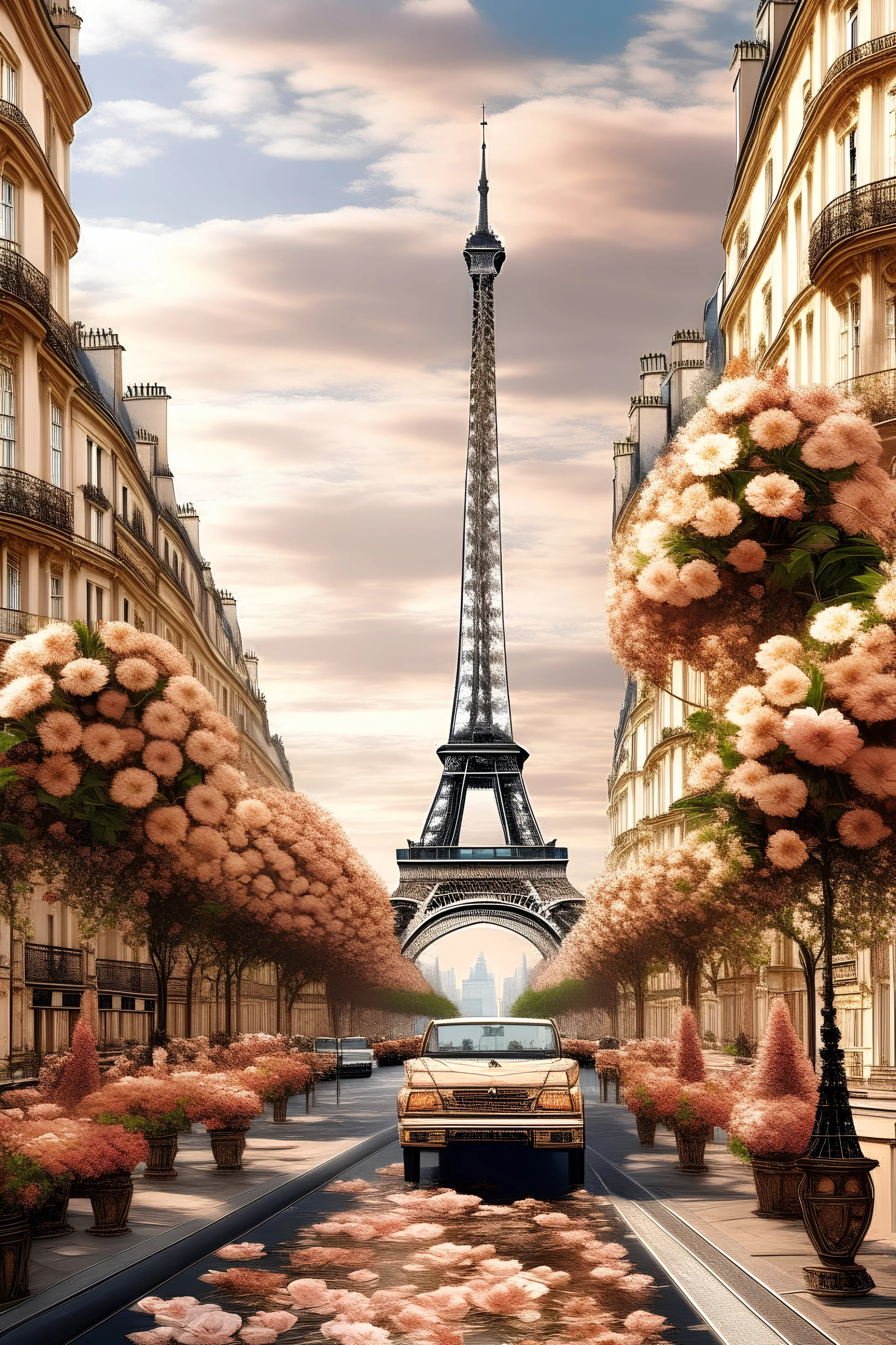 generate Paris skyline florist door women irrigate flowers street with a man and son car rose gold color eiffel tower