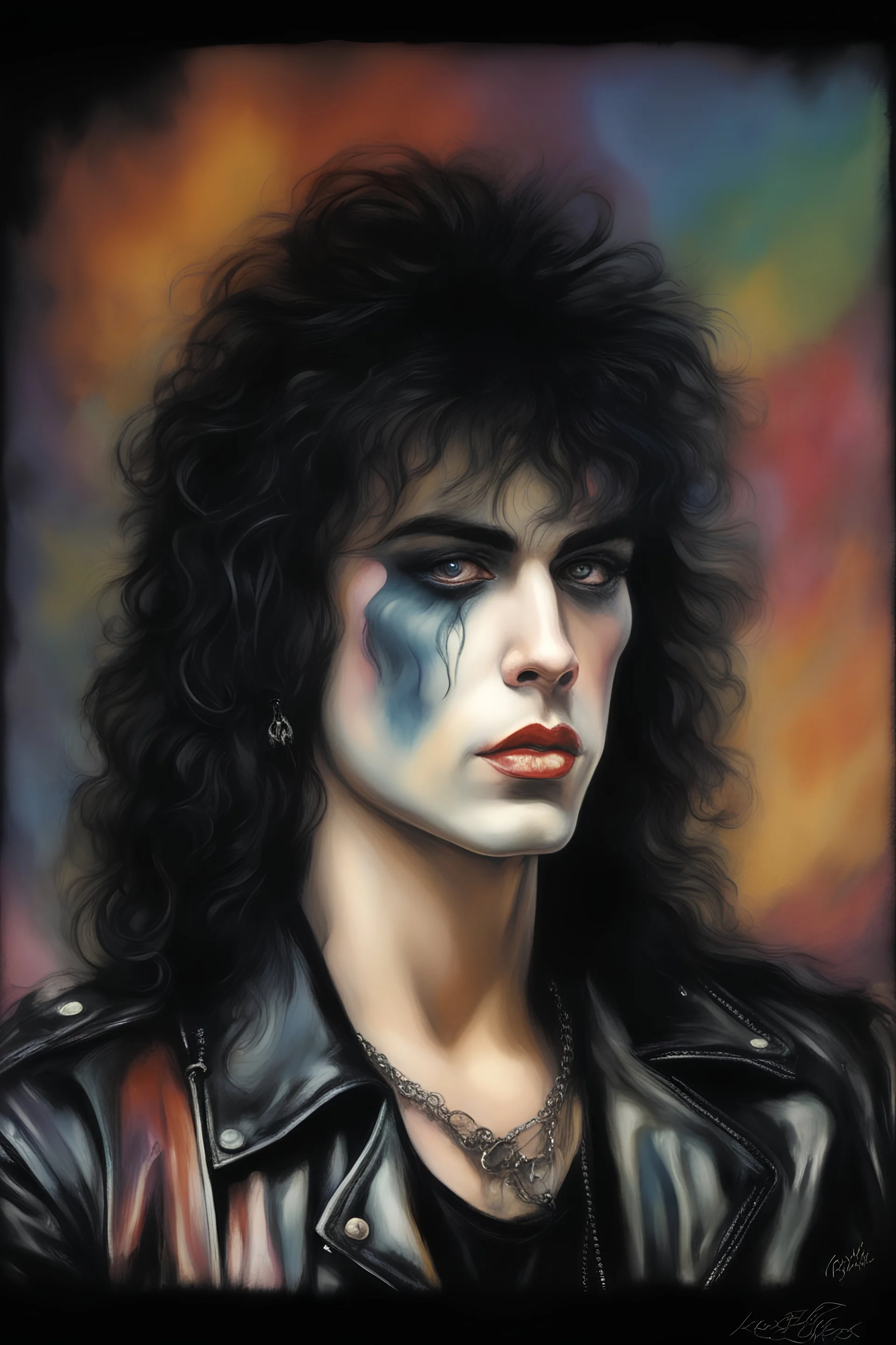 text "KISS" - facial portrait with makeup - 20-year-old Paul Stanley with long, wavy curly black 1980's style big hair, wearing a black leather jacket, extremely colorful, multicolored watercolor stained wall in the background - in the art style of Boris Vallejo, Frank Frazetta, Julie bell, Caravaggio, Rembrandt, Michelangelo, Picasso, Gilbert Stuart, Gerald Brom, Thomas Kinkade, Neal Adams - explosions, flames, fog, clouds, dust,