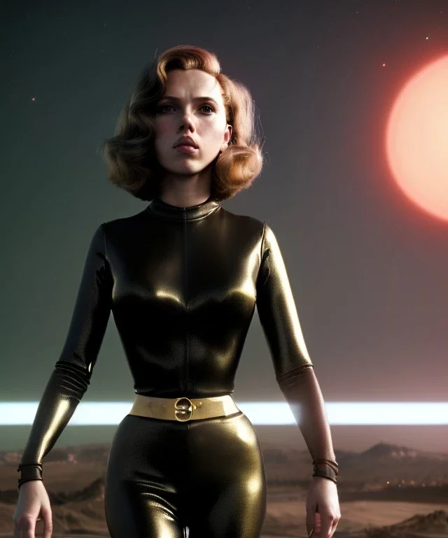 retro sci-fi portrait image from 1960, supermarket parking explosion, young Scarlett Johansson, classic black tight lycra latex suit, gold bracelet and belt, long hair, soft color, highly detailed, unreal engine 5, ray tracing, RTX, lumen lighting, ultra detail, volumetric lighting, 3d, finely drawn, high definition, high resolution.