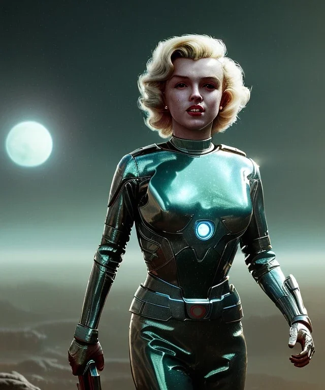 Ultra Realistic retro sci-fi 1960 scene, waist up view portrait, blonde woman, sweet young Marilyn Monroe face, perfect iris, tight latex coat, alien planet background, tight style, steel sphere dron levitating, fog, rain, soft color, highly detailed, unreal engine 5, ray tracing, RTX, lumen lighting, ultra detail, volumetric lighting, 3d, finely drawn, high definition, high resolution.