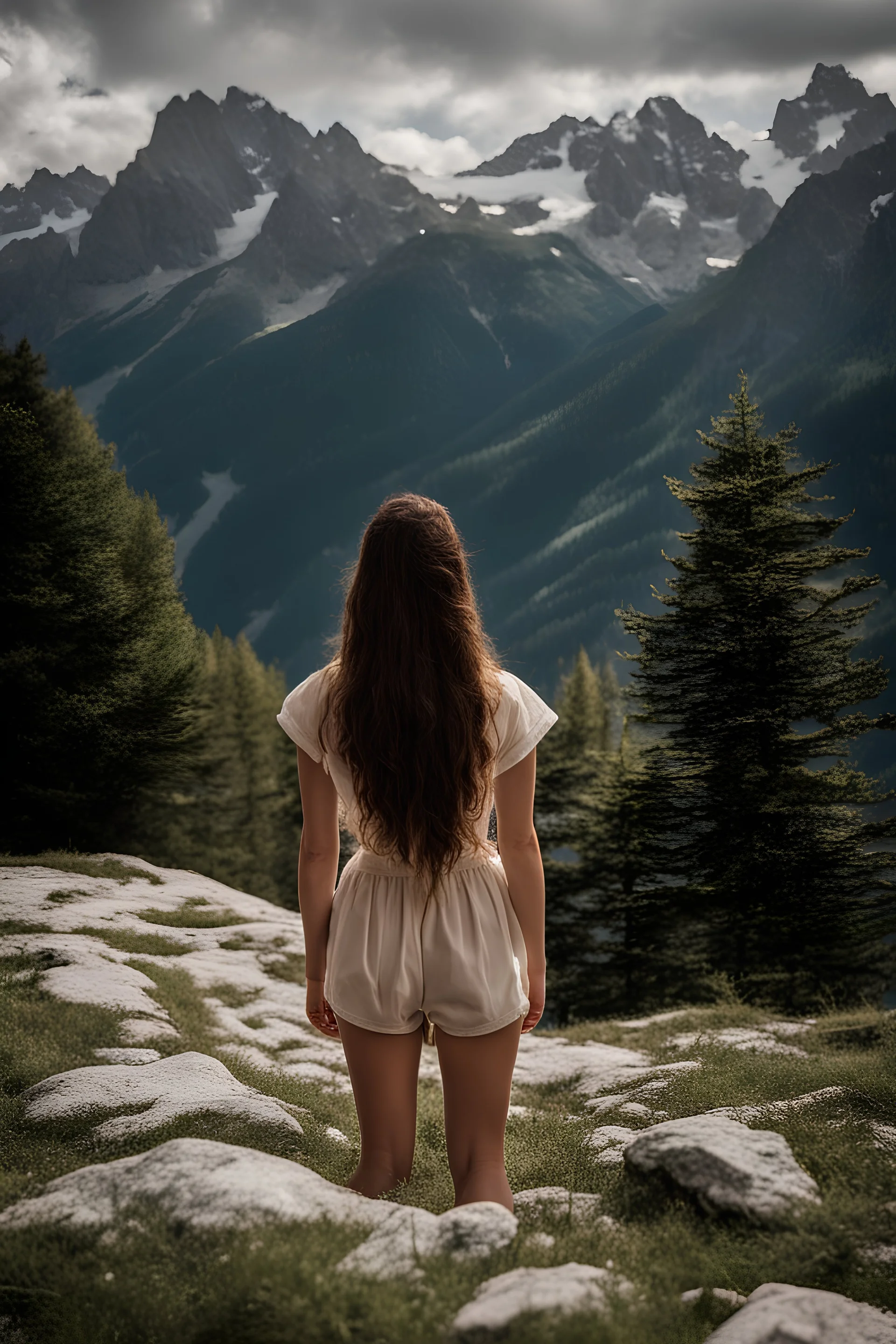 A young brunette woman in the alps. Her back is to the camera