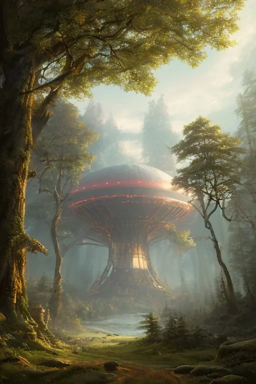 A Epic circular biomechanical fire ring portal, in middle of surreal hills, surrounded with beautiful cloud mist, huge trees with abnormal shape, oversized trees, art by Jordan Grimmer, high level of details