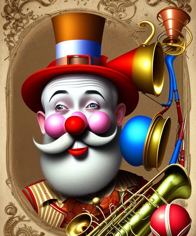 happy old friendly clown with round head and trimmed beard playing jazz with a steampunk theme, trumpet on mouth, circus, realistic