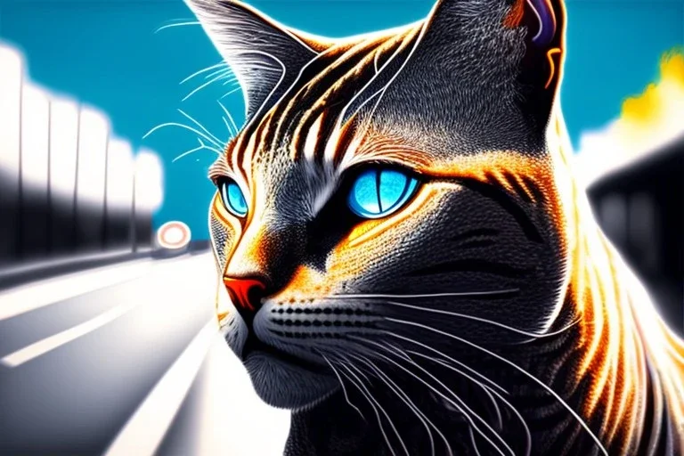 One single mature street cat, friendly, riding on a bike , sunny day, perfect iris, perfect eyes, model style, hyper realistic, extremely accurate, delicate, extremely detailed, Graphic novel style, colours, wide-angle, open aperture, superfine pencil