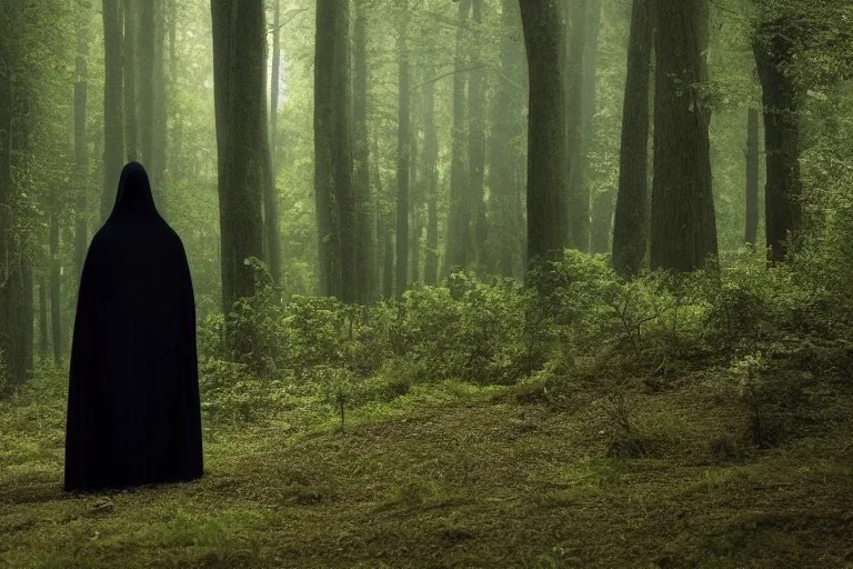 dark robed figure in forest, highly detailed, 8k, atmospheric lighting