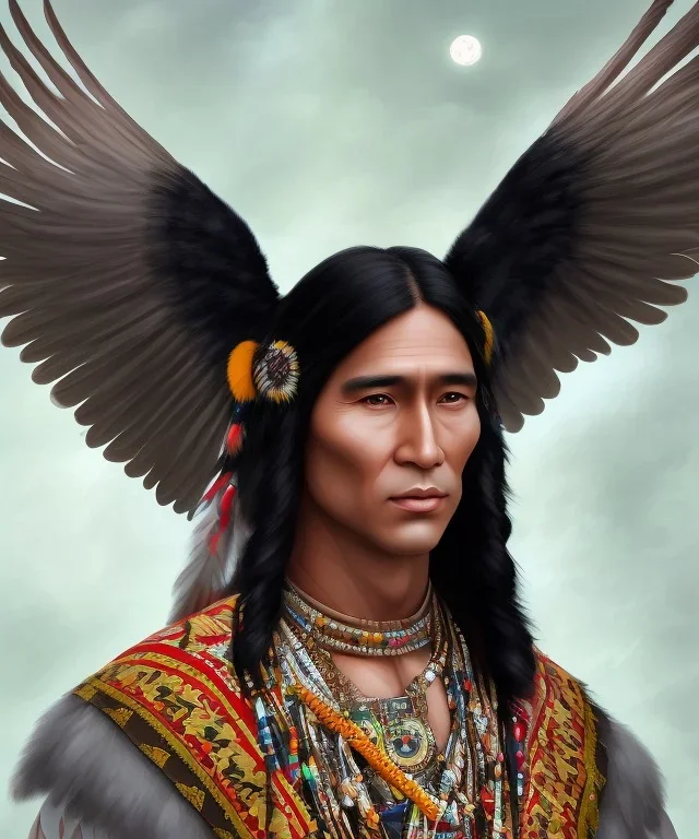 shaman, male native american, long black hair, black coat like wings