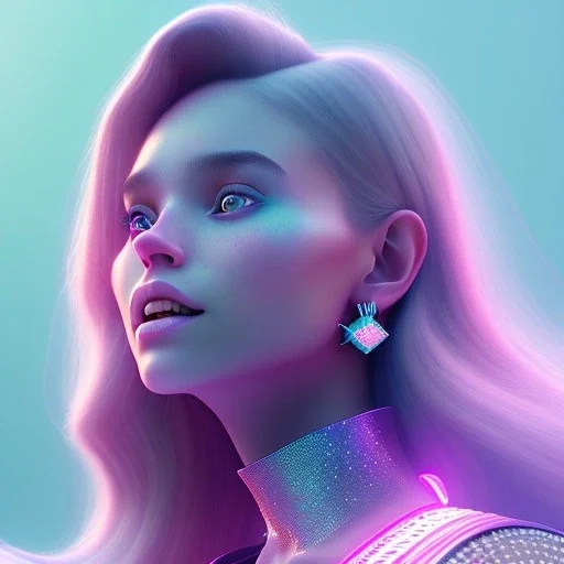 A portrait of a crystalised girl,smiling, longs hairs, atmospheric, realistic,, cinematic lighting, octane render,, pink turquoise light