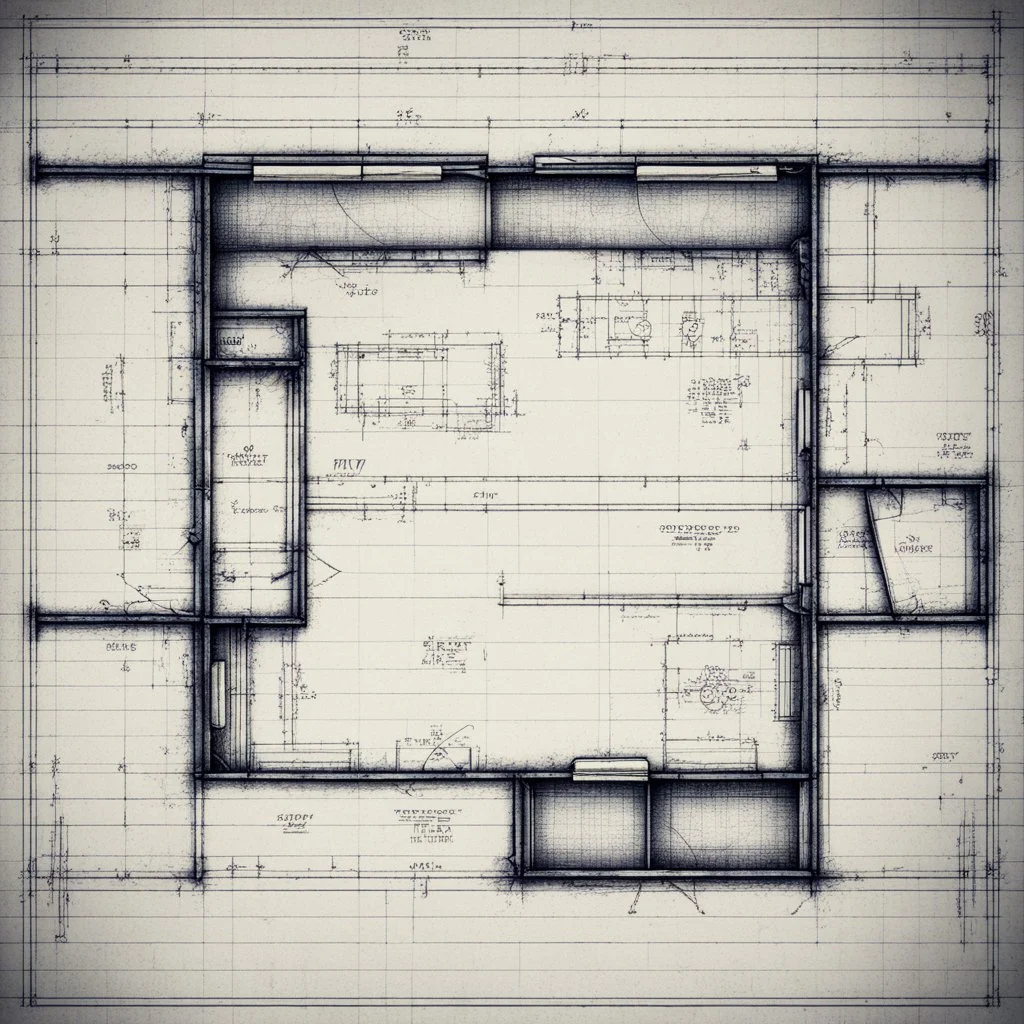blueprint, one room, plan, technical, illustration, aged,