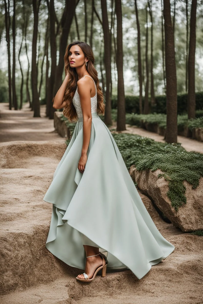 fullbody shot of young-beautiful-girl-with-a-perfect-face standing in green trees