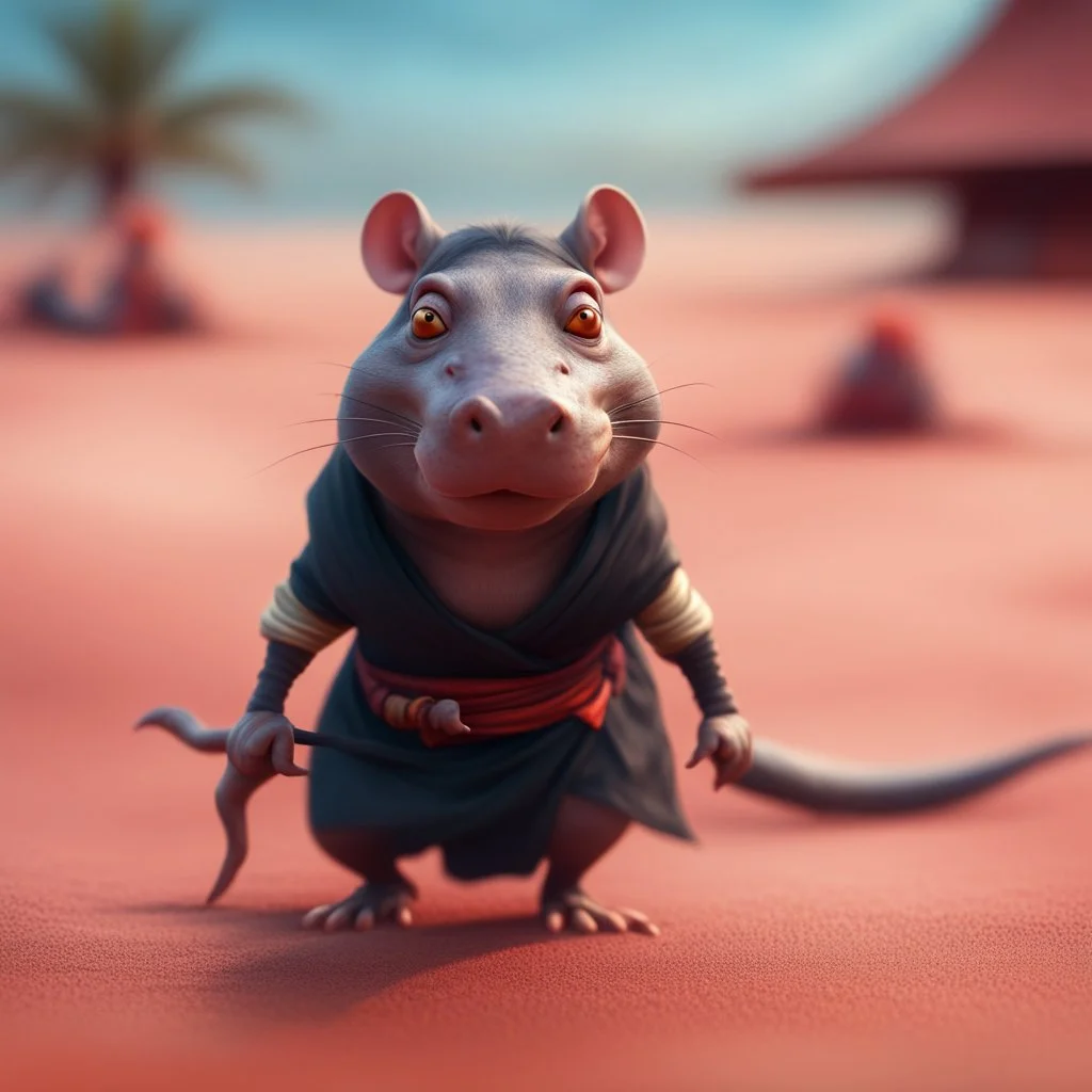 elongated female ninja rat hippo witch on the red sand beach ,bokeh like f/0.8, tilt-shift lens 8k, high detail, smooth render, down-light, unreal engine