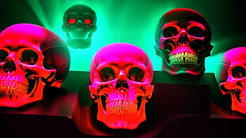 hundreds of anatomically correct, human skulls stacked into a wall unusual neon lighting, high octane, 64k, dystopian, vray, a picture of a dark, comedic, anatomically correct wall of colorful tightly packed skulls of varying sizes and expressions, photo-realistic, insanely meticulous, highly detailed,, 64k, dystopian, vray