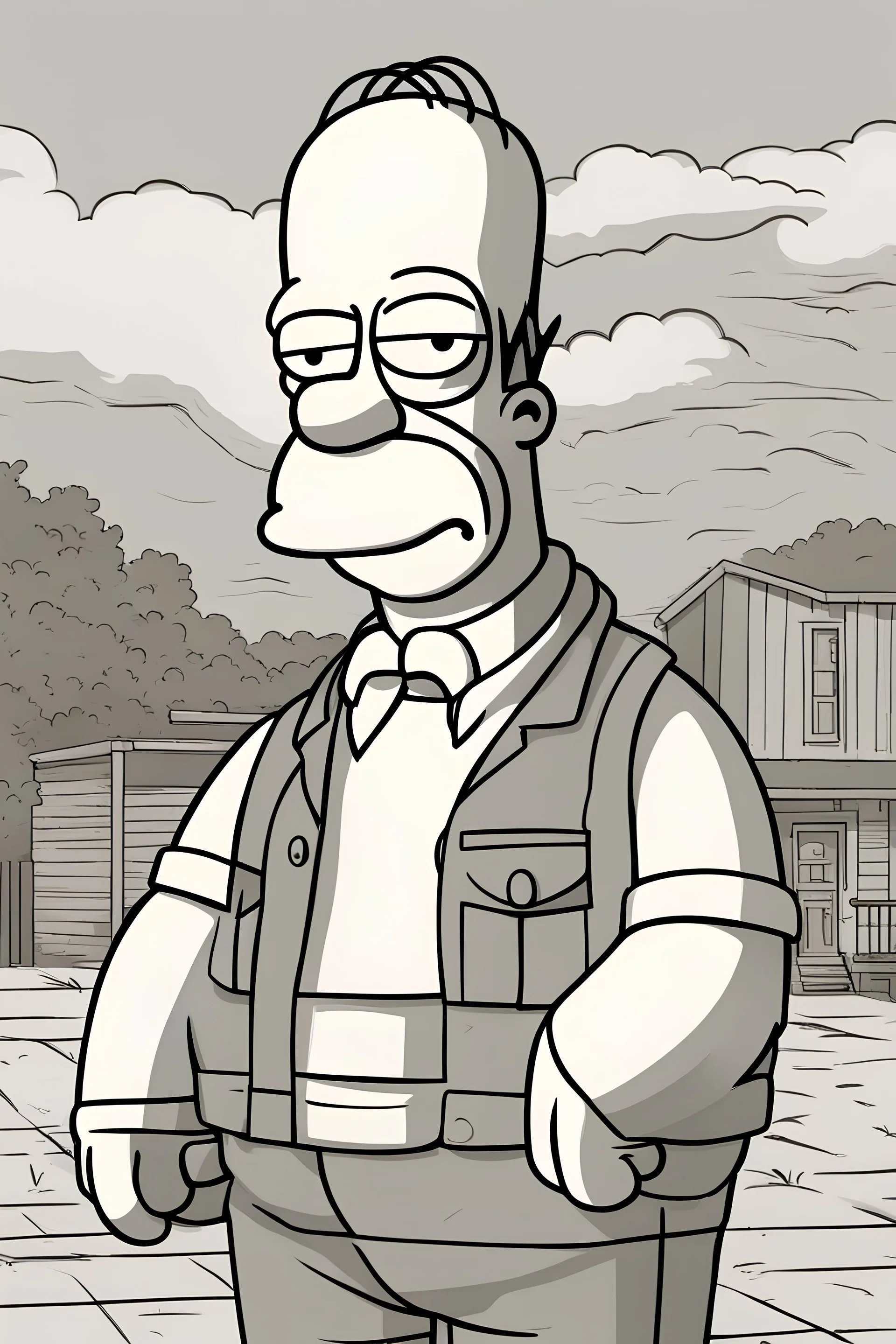 Crea a Homero Simpsom, feliz en un dia nublado, feliz por el clima. Al estilo de walt disney