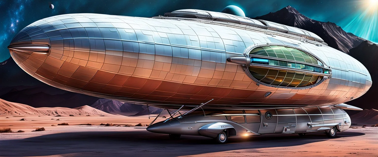 dirigible NCC 1701 hybrid, retrofuturistic, phototrealism, united federation of planets camper blimp