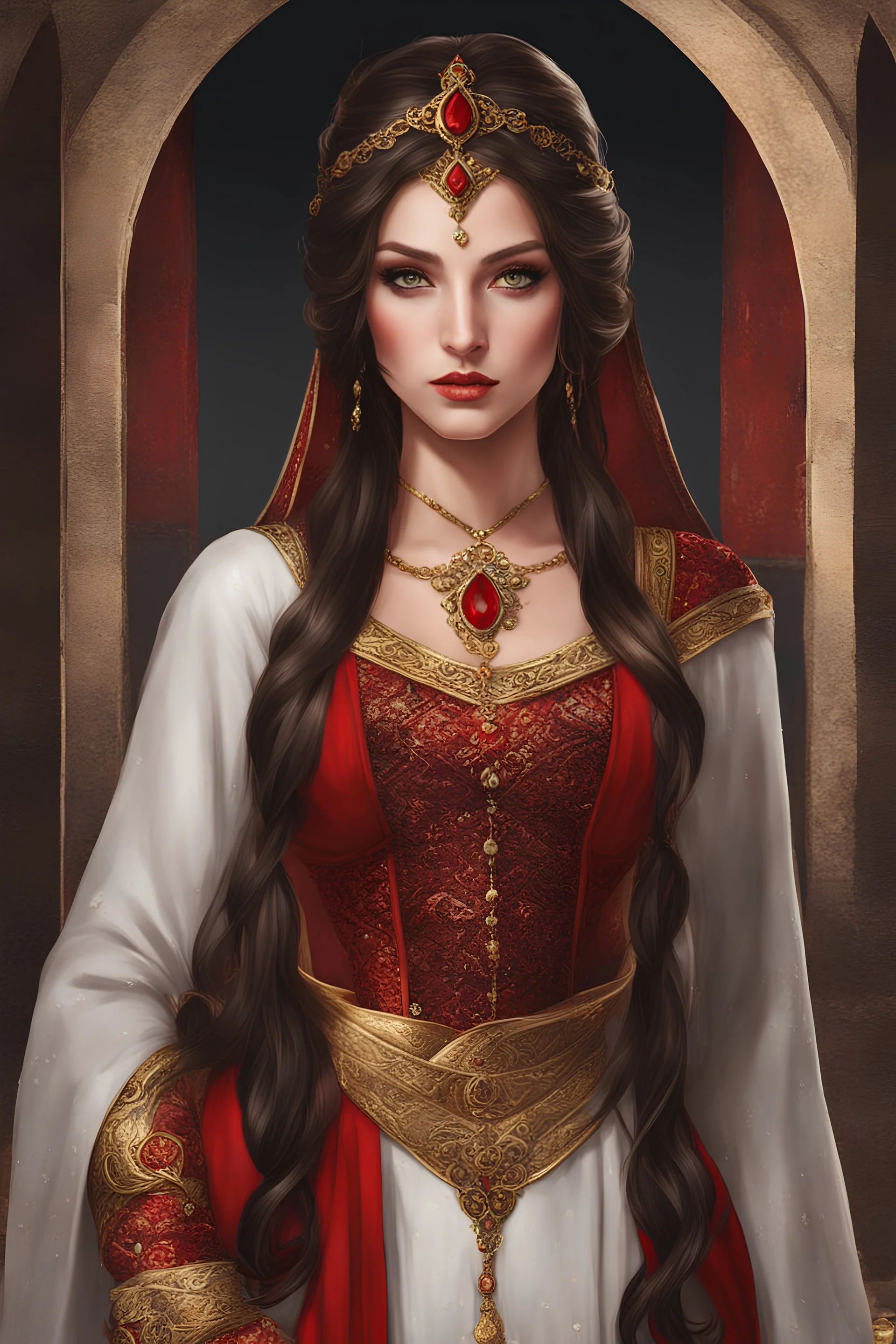 medieval concubine, long brown hair, red eyes, red and black attire