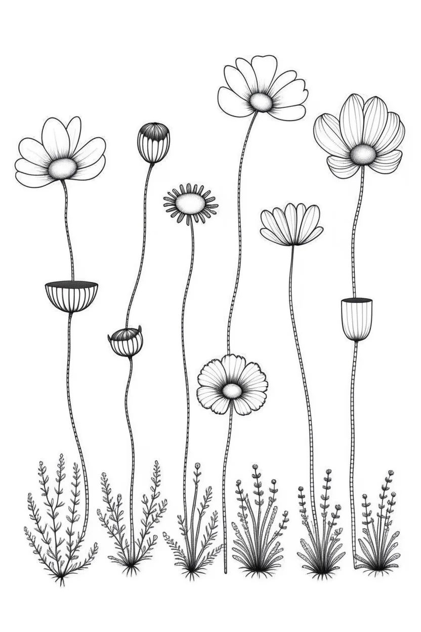 set of growing wind flower on the grace, SIMPLE ONE lineS art, white background, minimalis, different view, only white bakcground solid.