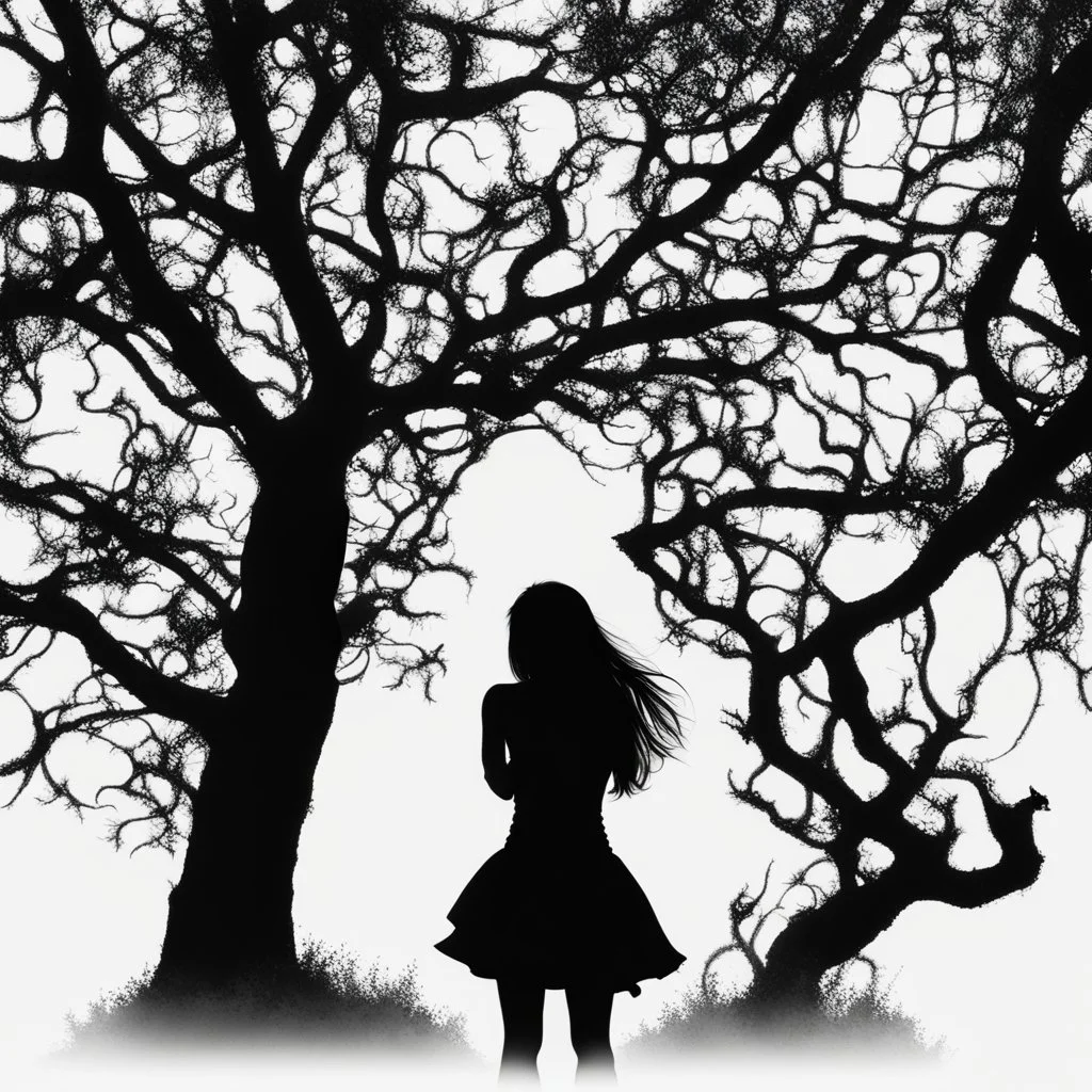 B/W A silhouette of girl between the age of 21-24 afraid white background