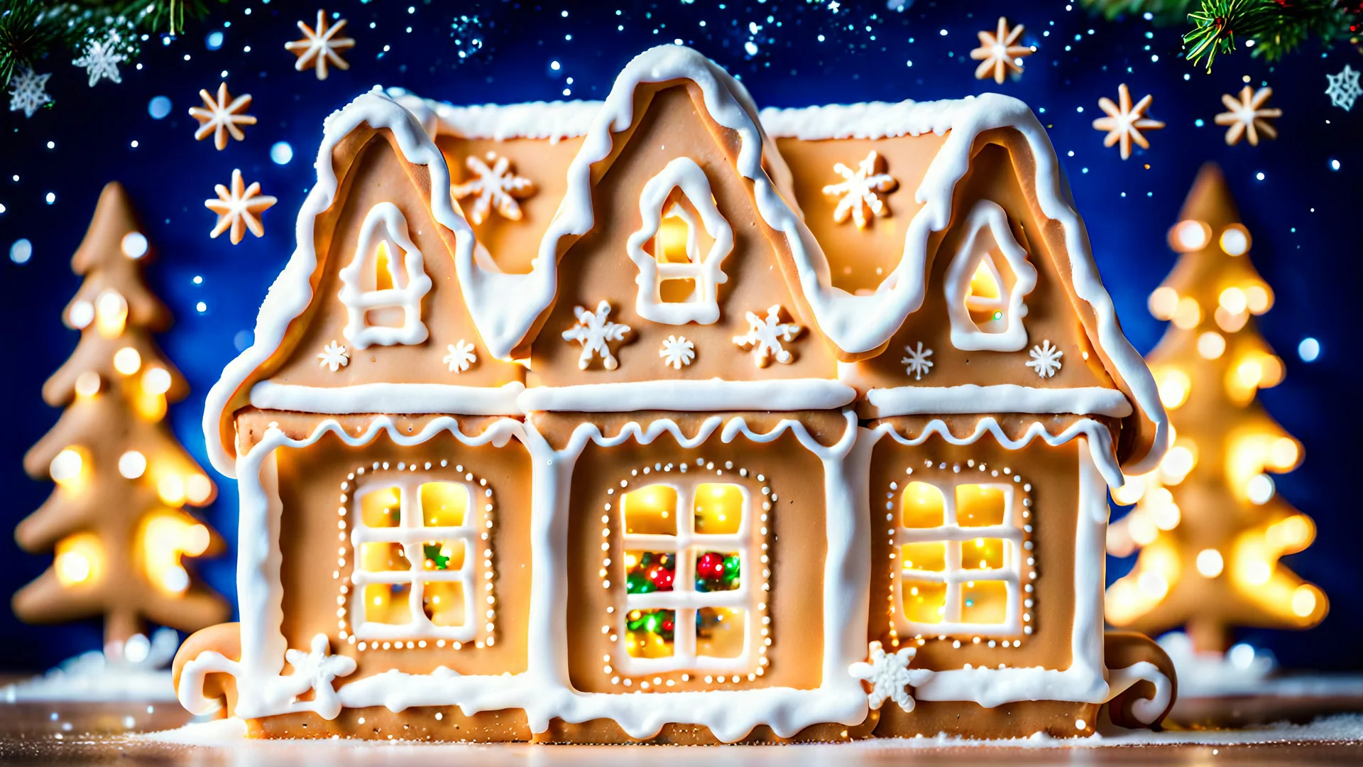 gingerbread house with four windows on a Christmas background