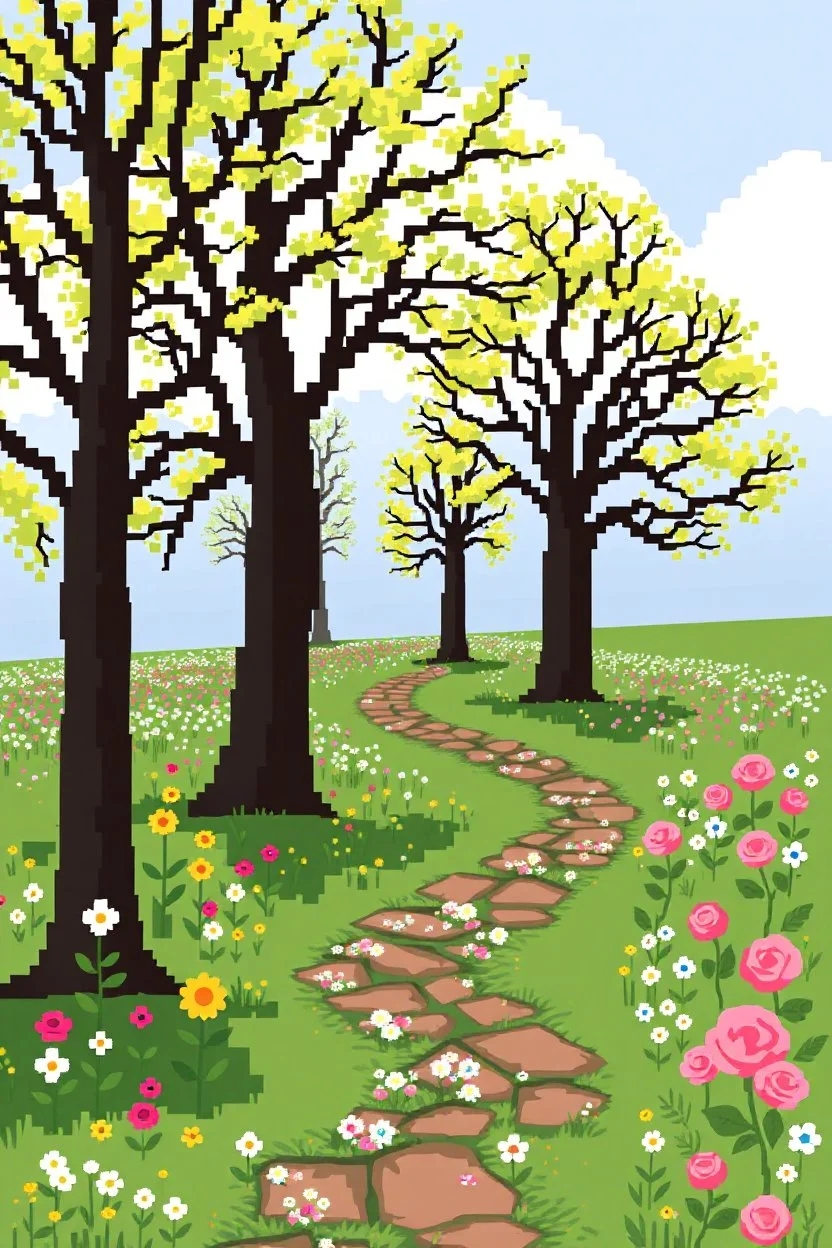 pixelated trees on the primrose path with pixelated posies, pansies and roses; symbolism; color palette of #dea119; #d3ed00; #85c124; #d2c42c; #dea119; #641924; #f9482e; #fae3df