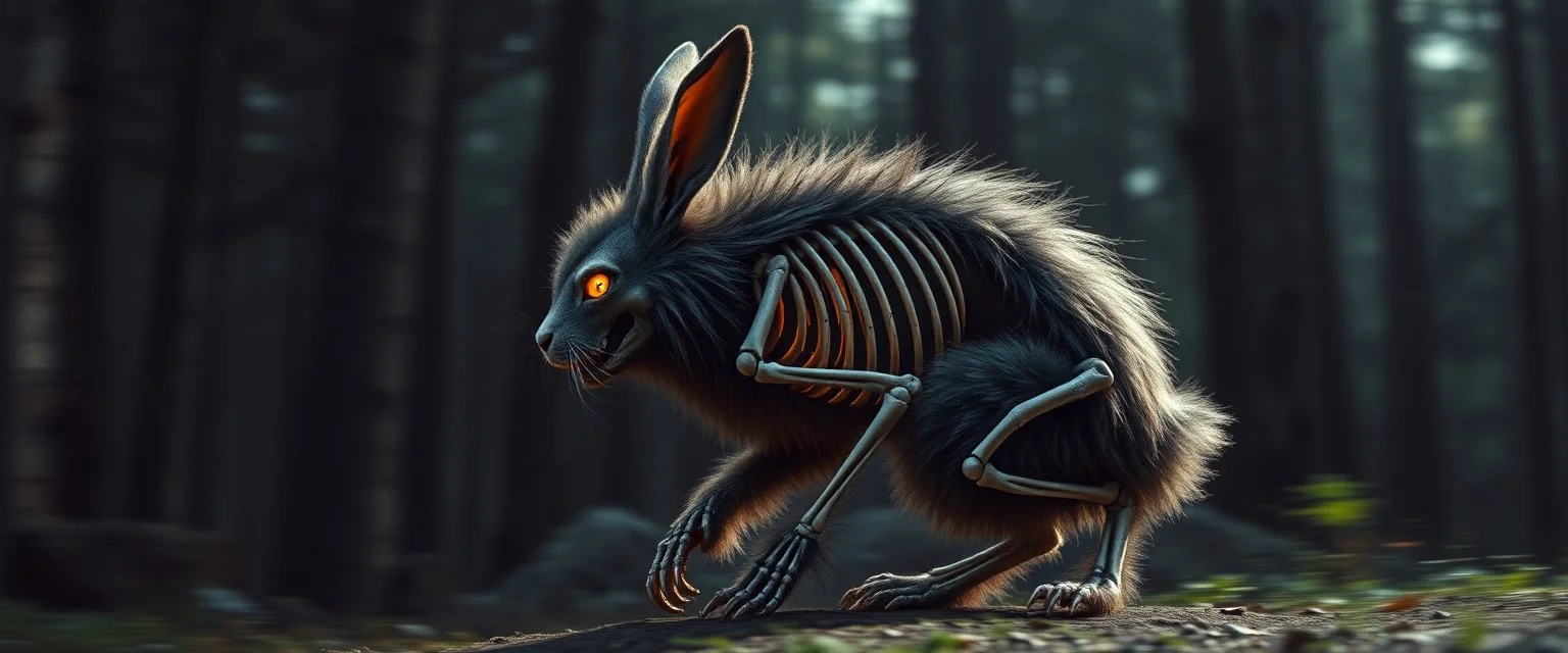 radiant werewolf rabbit thick Skeleton with lotsa fluffy fur, motion blur background dark forest