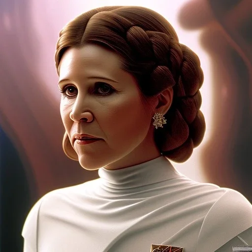 extremely detailed 8k hyperspace wallpaper,complete and photo realistic detailed head to waist stunning photo realistic portrait of carrie fisher as Princess Leia in star wars with photo realistic minimal updo hair , brown eyes, professional majestic oil painting by Ed Blinkey, Atey Ghailan, by Jeremy Mann, Greg Manchess, Antonio Moro, trending on ArtStation, Intricate, High Detail, Sharp focus, dramatic, by greg rutkowski, realism, beautiful and detailed lighting, shadows