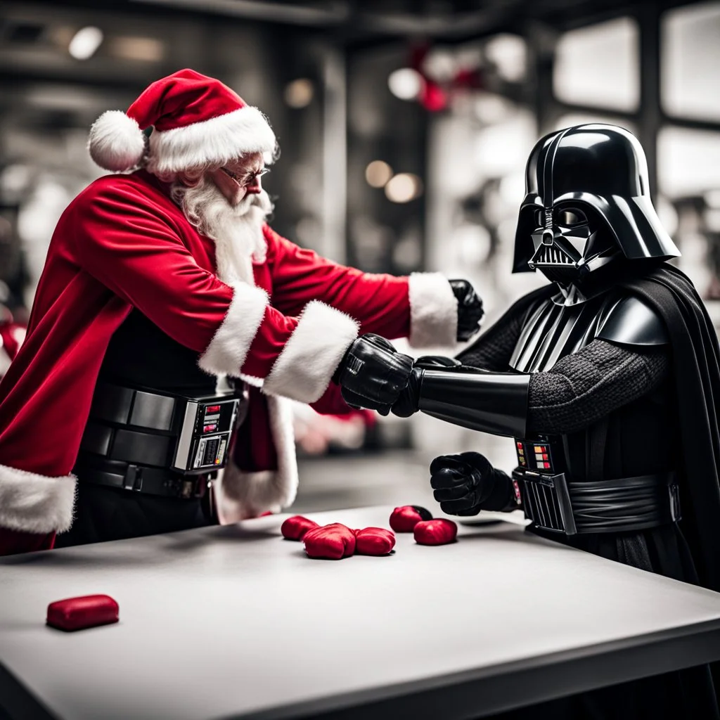 Santa Claus arm wrestling with Darth Vader