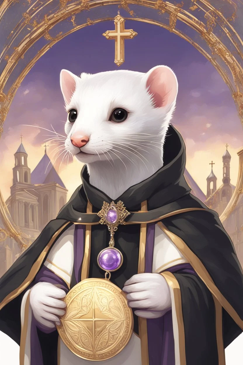 (anthropomorphic white ferret),dressed in ((cleric fantasy)) black clothes with silver holy ornaments, realistic anatomy, posing, cute face, fantasy inspire, church on background with warm sunshine lighty from behind, gloomy atmosphere purple armband, The holy icon style, RTX, praying pose, close eyes:2.5