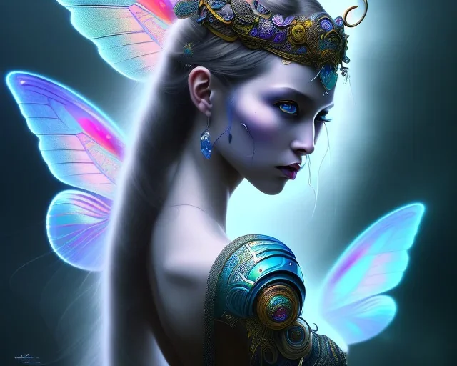 Beautiful mystical butterfly portrait, dark fantasy, romanticism, acrylic paint, chinese painting, magazine, highly detailed, ethereal, otherworldly, backlighting, rays of shimmering light, persian empire, artstation, silver, purple, black, teal, aqua, yellow, olive, vibrant, intricate,