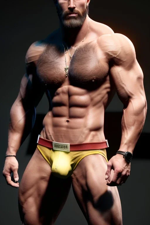 Ignore NSFW, teenager young rugged attractive slightly muscular fantastic handsome man, red briefs with yellow belt, hairy chest, (((visibly pisssing))) briefs, large erect visible boner peniss, photorealistic, artist Jay Anacleto, soft lighting, scruffy beard