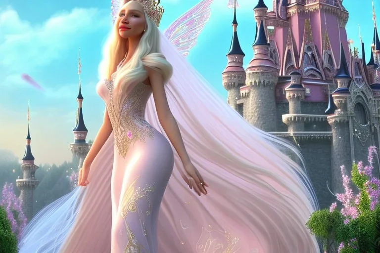 castle in background, beautiful, soft, big smiling, straight and long blonde hair, blues eyes, dewy and shiny atmosphere, diamond crown, long fairy wings in the back, full head, pink veil clothes