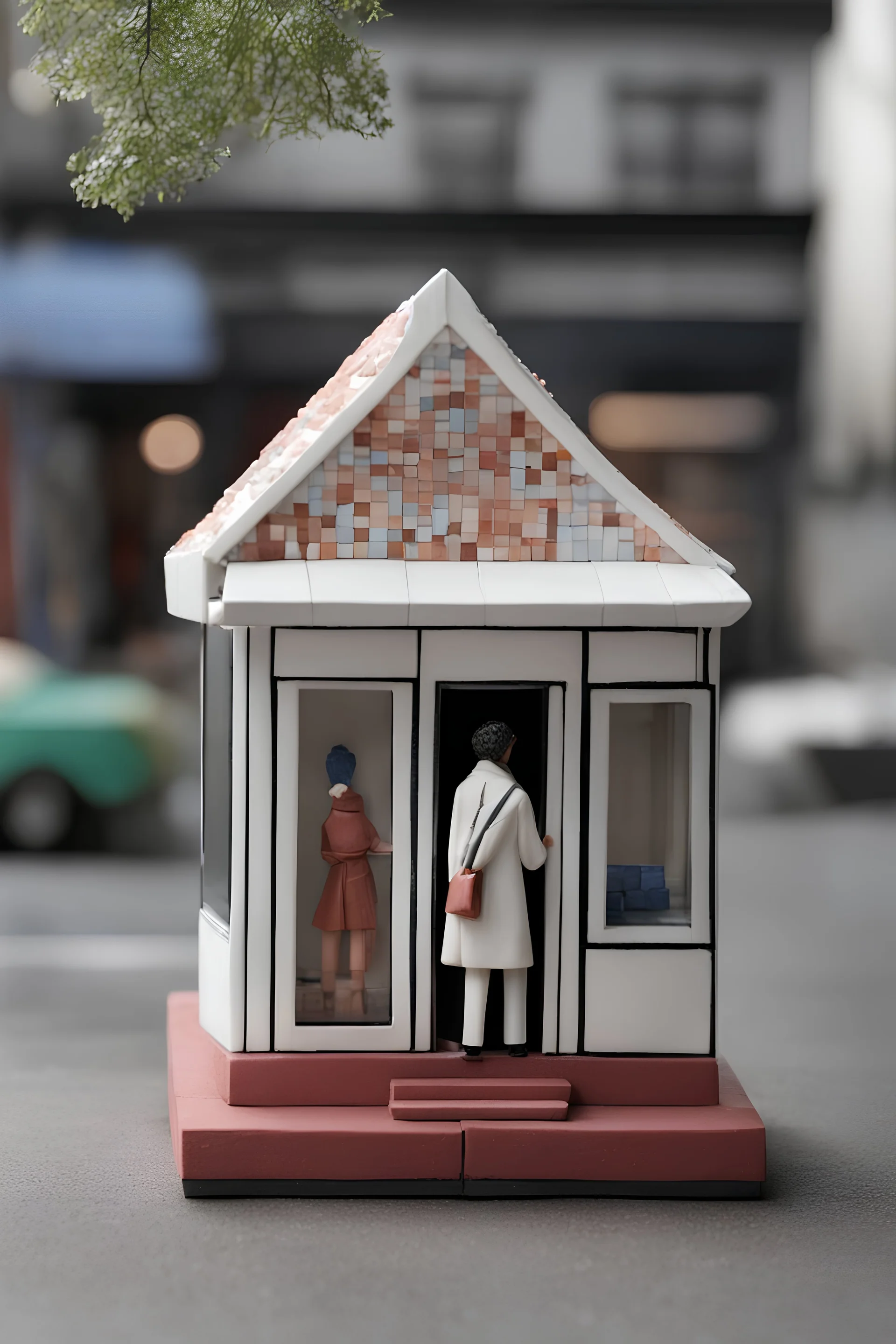 Minimalistic solid colored porcelain clay miniature figurine of vacant and empty street commercial walk-in kiosk, covered with mosaic. Contemporary urban art gallery context. Silver ratio proportions composition, 7 centimeters height, semi-height wide shop windows and door, small square window for cash in facade, on legs, circa 2000, flat roof, one-story, one-room. Inspired by Bruno Munari, Benetton, gestalt theory, geometry of Castel del Monte, brutalism, synchronism