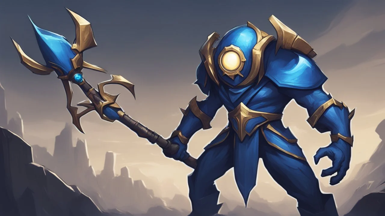 Nautilus is a champion in the game League of Legends with a menacing and alluring appearance. He wears a heavy blue suit with spider-like and metallic elements. He has a sturdy frame and a massive metal mask covering his head, which features two glowing eyes. He wields a weapon made of metal flanges called the "Anchor of the Depths" and is known for powerful movements and devastating strikes.