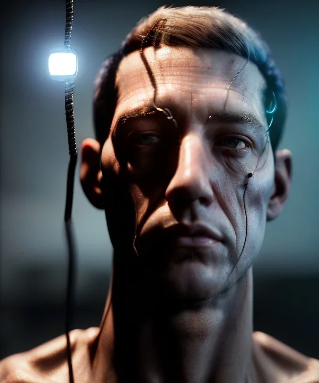 Ultra realistic photographic night portrait, full body shot view, cinematic, naked, young, face shaved, led lights <strong man> <hanging wires> many wires connected to the head <perfect pupil> <cyborg> <garage> <sci-fi futuristic> <thriller>, fog, soft color, highly detailed, unreal engine 5, ray tracing, RTX, lumen lighting, ultra detail, volumetric lighting, high definition.