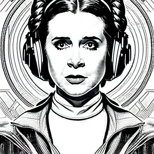 hyper detailed, black and white, thin line, coloring book illustration, lineart, stunningly beautiful princess leia, jim lee