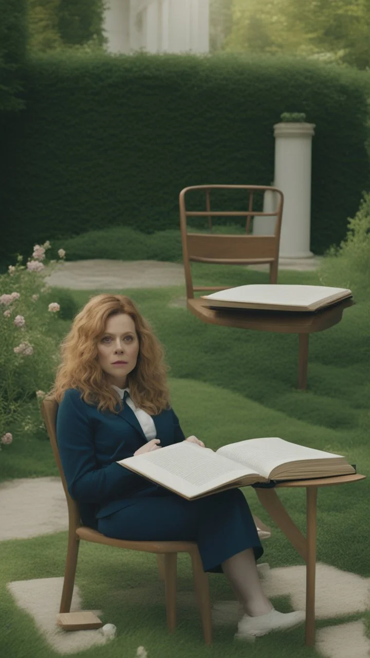 Empty chair of an academic in a garden [snapshot of Russian Doll TV series by Natasha Lyonne, Leslye Headland, and Amy Poehler, (2019)] In front of the chair, there a book of mathematics on the chair in the middle of a French garden