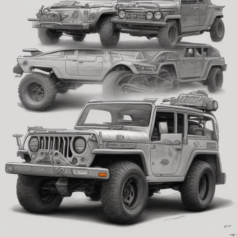 technical concept study, pencil sketch, inspired from Vintage Jeep, Toyota 4x4