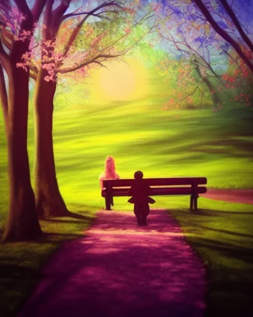 park mystical dream, park bench, man, woman, child, dog, trees, path, bird, sunshine, mystical, fantasy, romanticism, pastel colors, daylight, daytime, acrylic painting, detailed, soft focus,