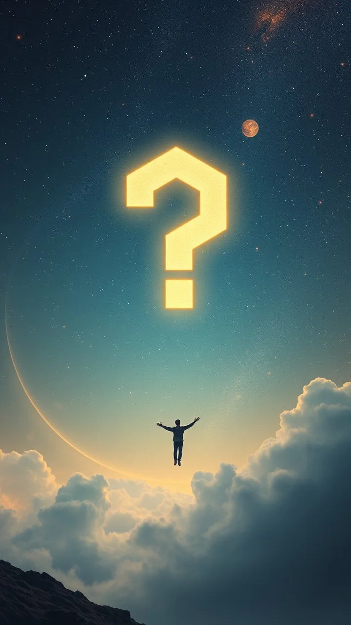 A serene, cosmic landscape with a floating figure contemplating a large, glowing question mark in the sky, symbolizing self-reflection and questioning the source of one's emotions. The cosmic backdrop hints at the vastness of the mind and the universe.