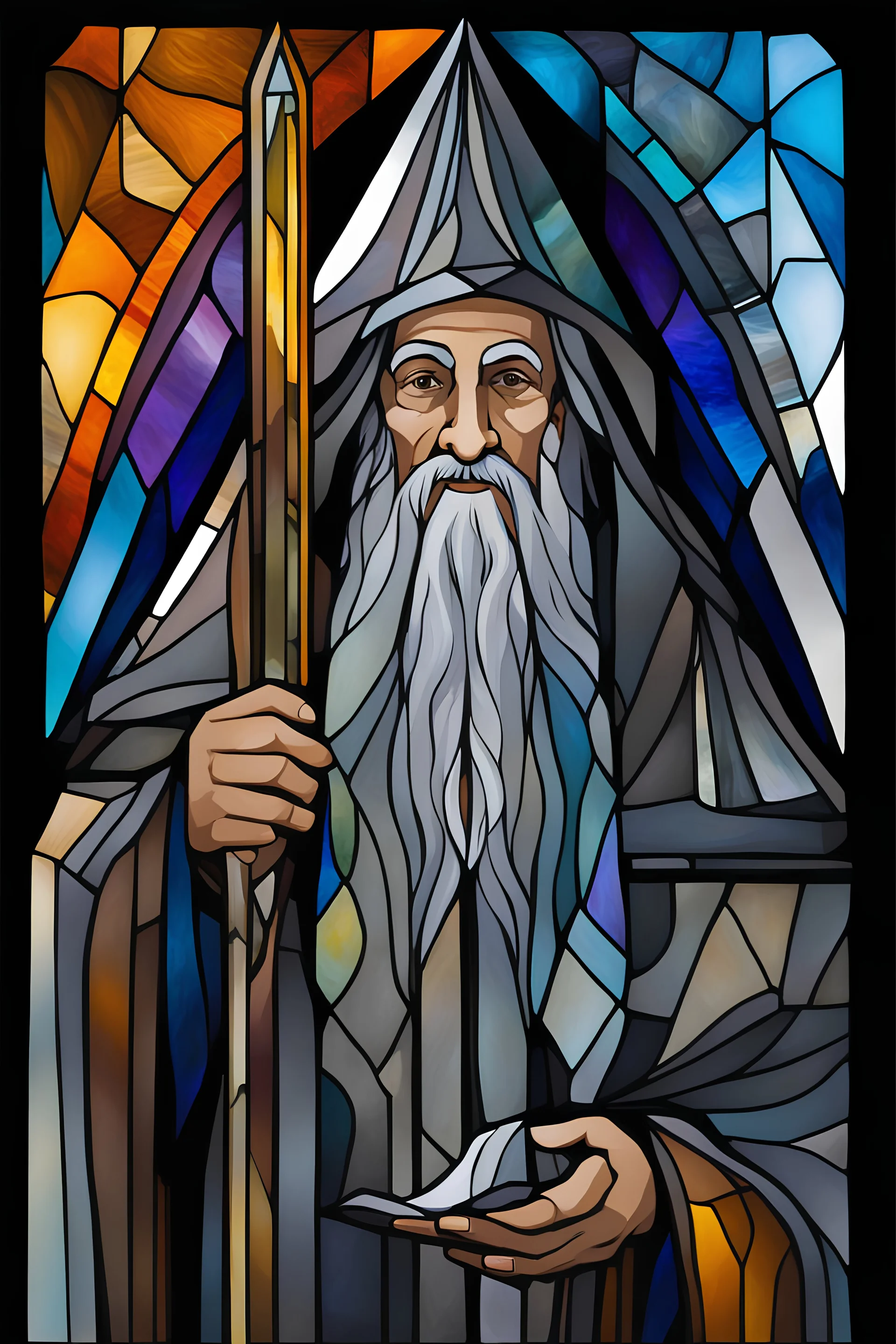 a multicolored, stained, spectral, glass fragment, prism, Gandalf the Gray