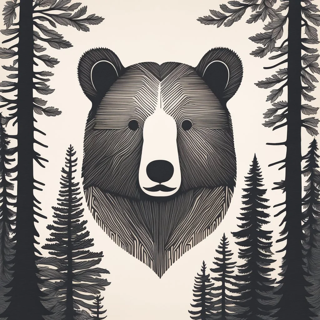 M shaped bear head surrounded with lots of woods silhouette in background, letterpress style, minimalistic pencil art