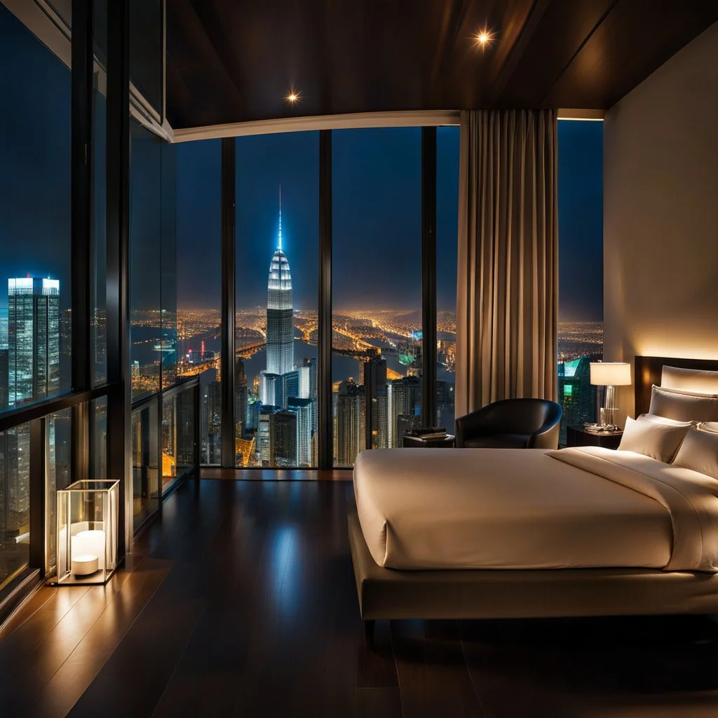 in luxury room in top floor of skyscrapper in moder city at night sky, ,city scape at backgrownd