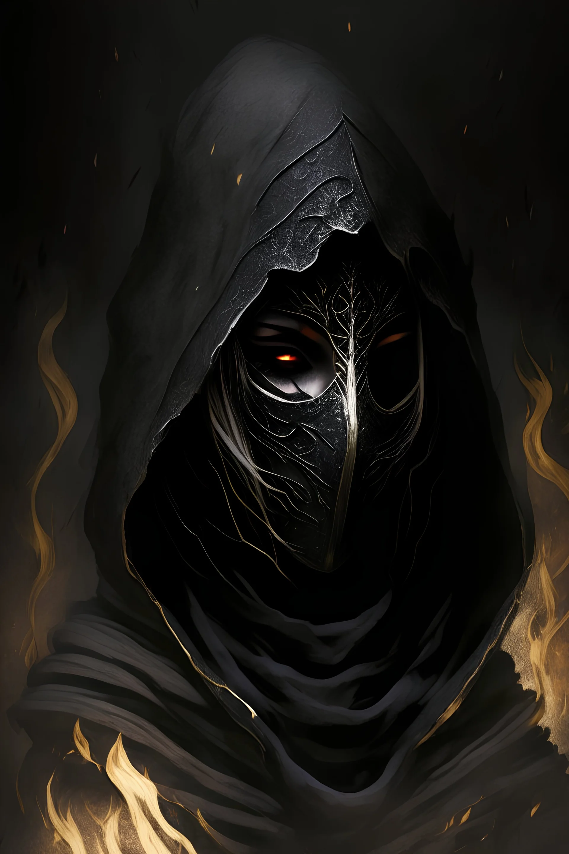 The Fire Keeper world of the dark souls 3, She is often depicted wearing a long, dark robe that covers her entire body. Her attire is black in color, matching the somber and mysterious atmosphere of the game. She adorns a mask on her face, which adds to her enigmatic presence. The mask conceals her features and gives her a haunting and intriguing look. Overall, her appearance combines elements of darkness, secrecy, and depth, reflecting her role as the guardian of the fire in the game.