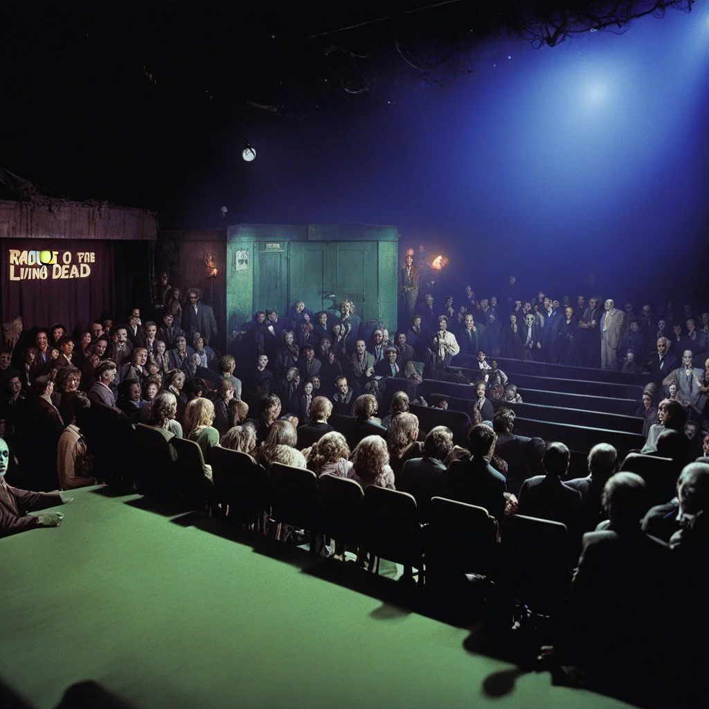 [colour high res photo: Night of the Living Dead (1968) by Romero n the eerie glow of a dimly lit comedy club, the stage was set for a performance unlike any other. The audience, a mix of the living and the undead, eagerly awaited the arrival of the stand-up artist who had risen from the grave to deliver his twisted brand of humor. As the spotlight flickered to life, revealing a figure clad in tattered clothes and sporting a ghostly pallor, the crowd erupted in a mix of laughter and nervous an