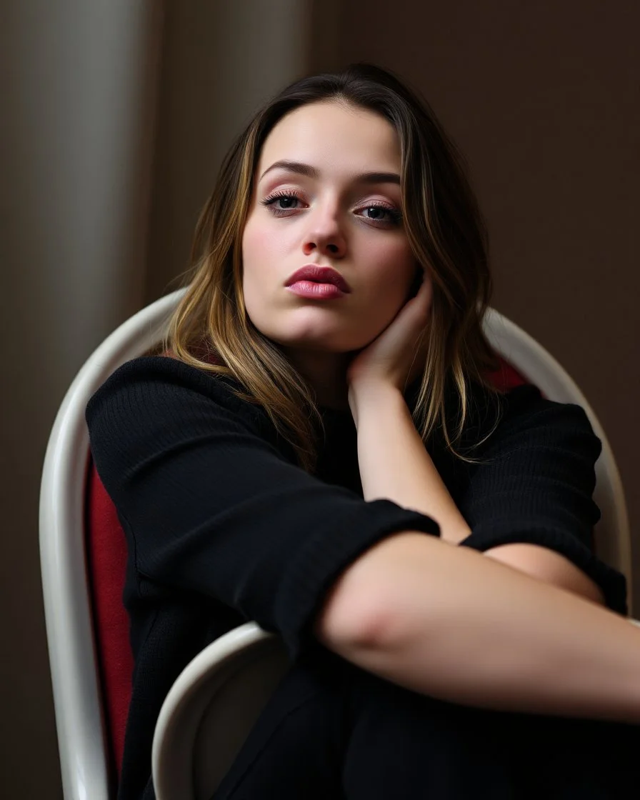 pouting emo woman sitting down into a chair