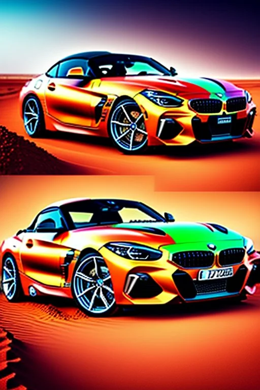 a realistic photo of a bmw z4,the car is spray painted with graffiti, desert background with sand storm to make the car stand out, colorful and stylish graffiti, 12k highly detailed and realistic , Masterpiece, dramatic product shot