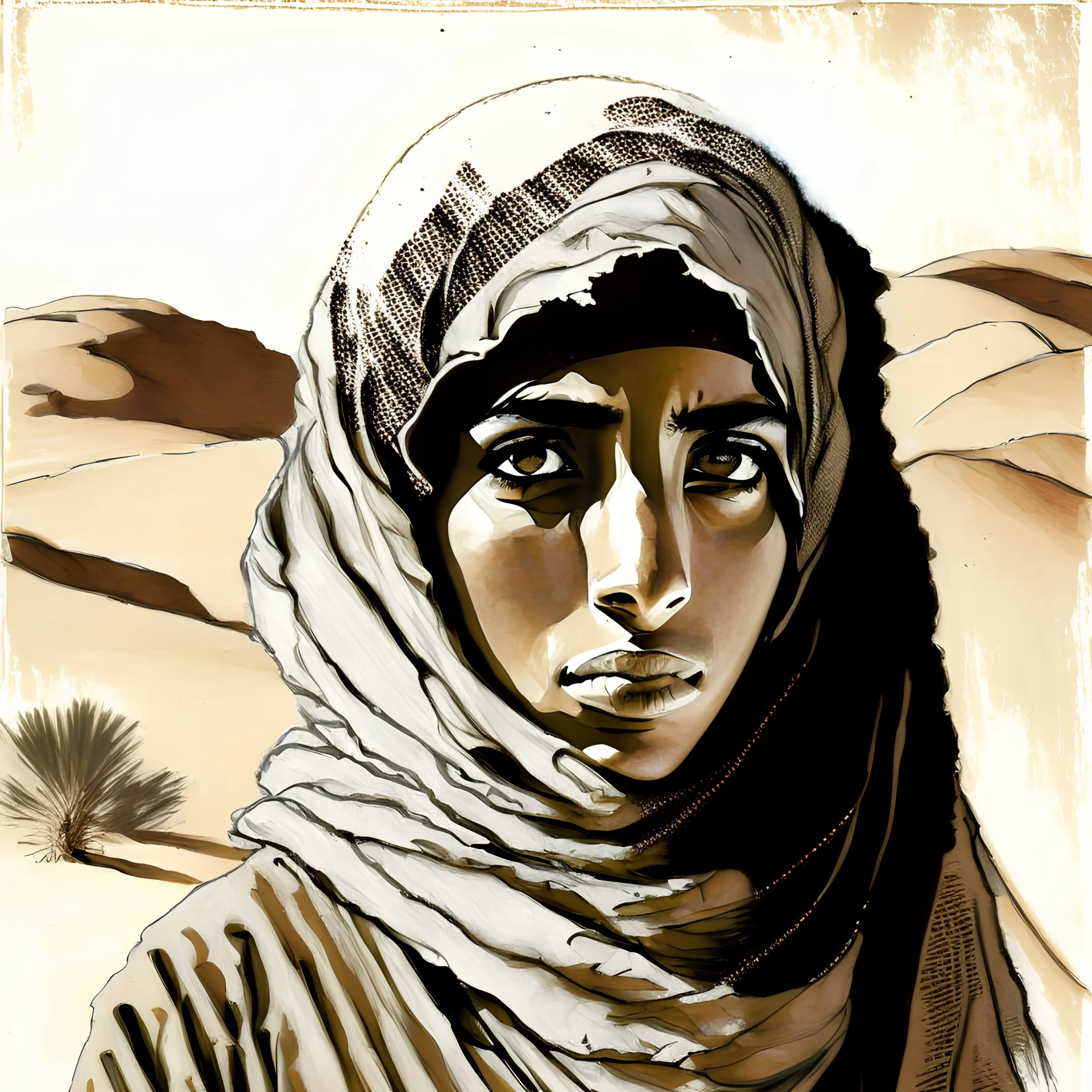 A portrait of a young Arab woman in a head covering standing in the desert looking into the camera painted in loose brushstrokes as a drypoint